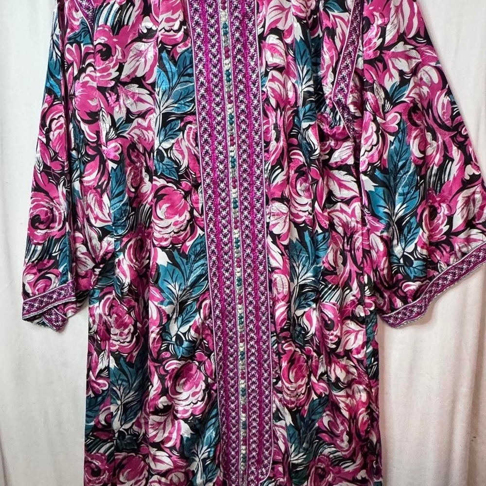 Vintage Handmade Pink Floral Caftan Robe Beaded Embroidered Boho Festival Robe